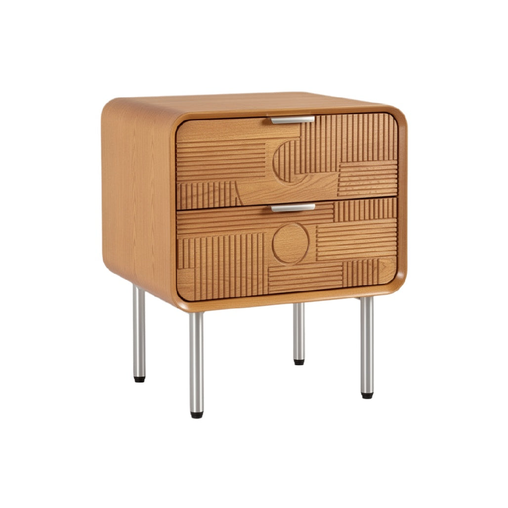 Modern Wooden Nightstand with Textured Drawers and Metallic Legs